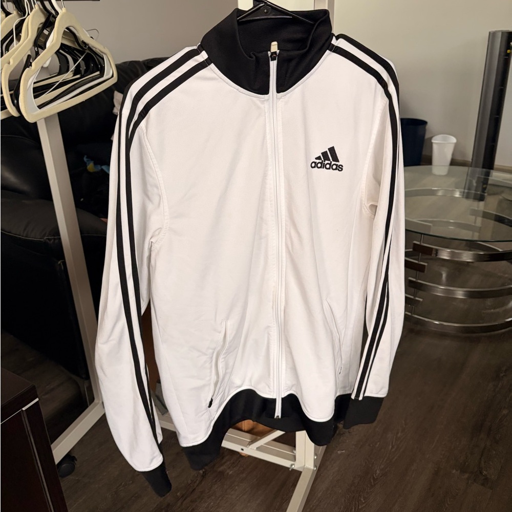 adidas White and Black 3-Stripe Zip Track Jacket